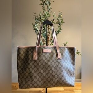Gucci Brown GG Supreme Canvas Tote with Pink Trim